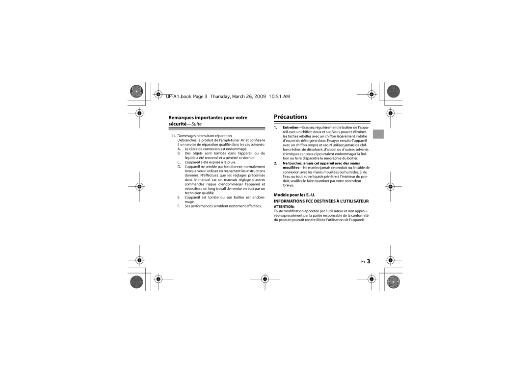 Onkyo UP-A1 instruction manual Précautions, Remarques importantes pour votre sécurité-Suite, Fr-3 