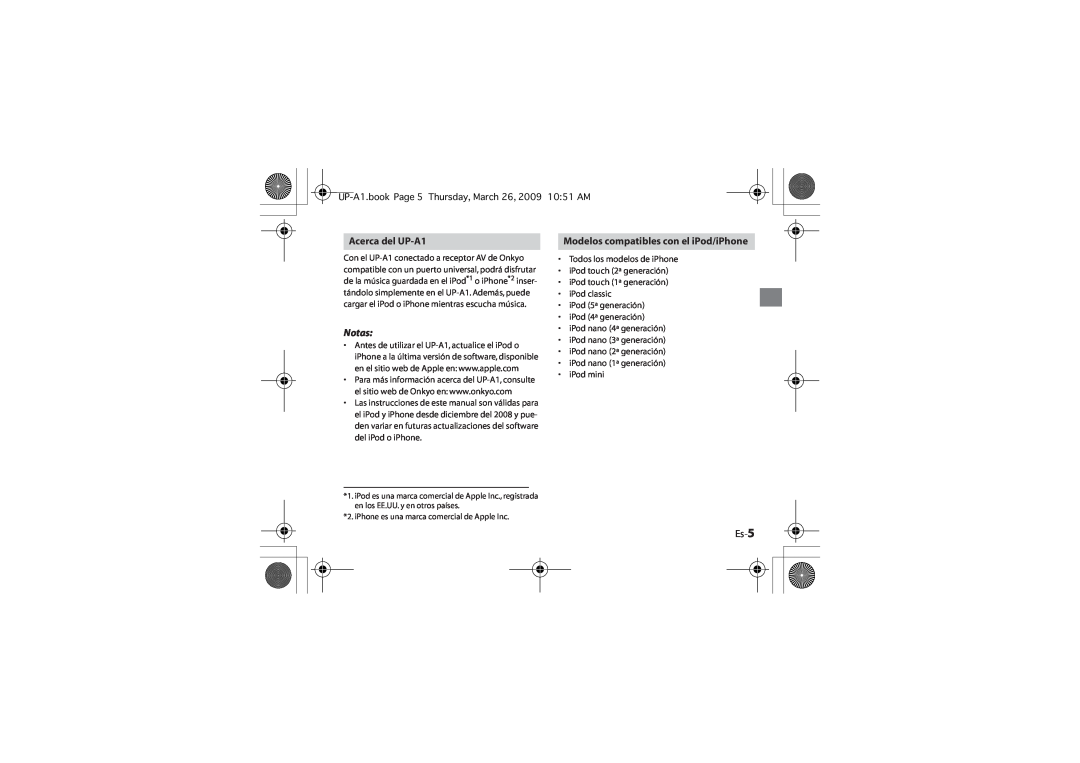 Onkyo instruction manual Acerca del UP-A1, Notas, Modelos compatibles con el iPod/iPhone, Es-5 