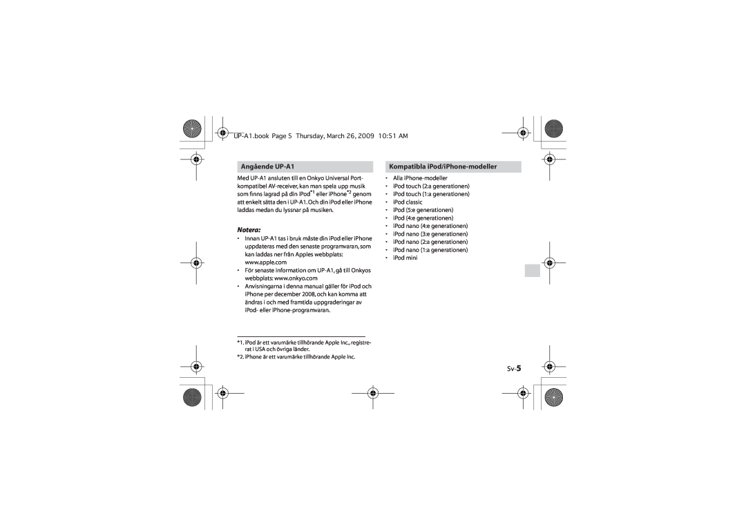Onkyo instruction manual Angående UP-A1, Notera, Kompatibla iPod/iPhone-modeller, Sv-5 