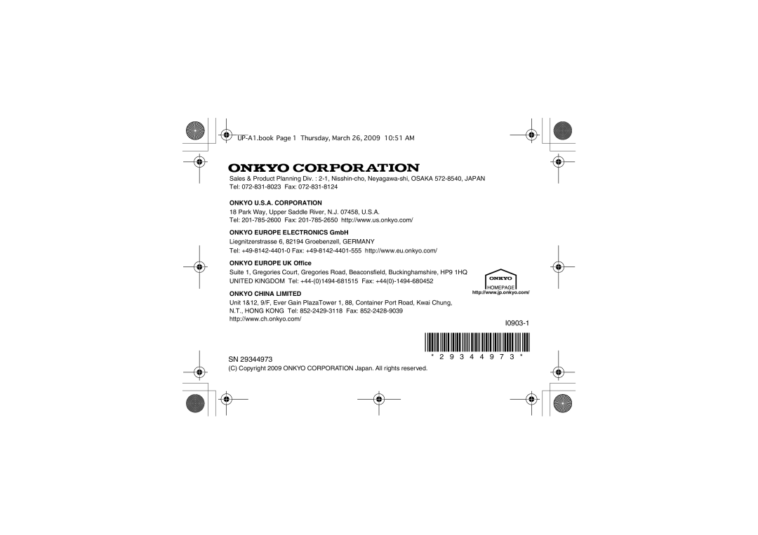 Onkyo UP-A1 instruction manual I0903-1 