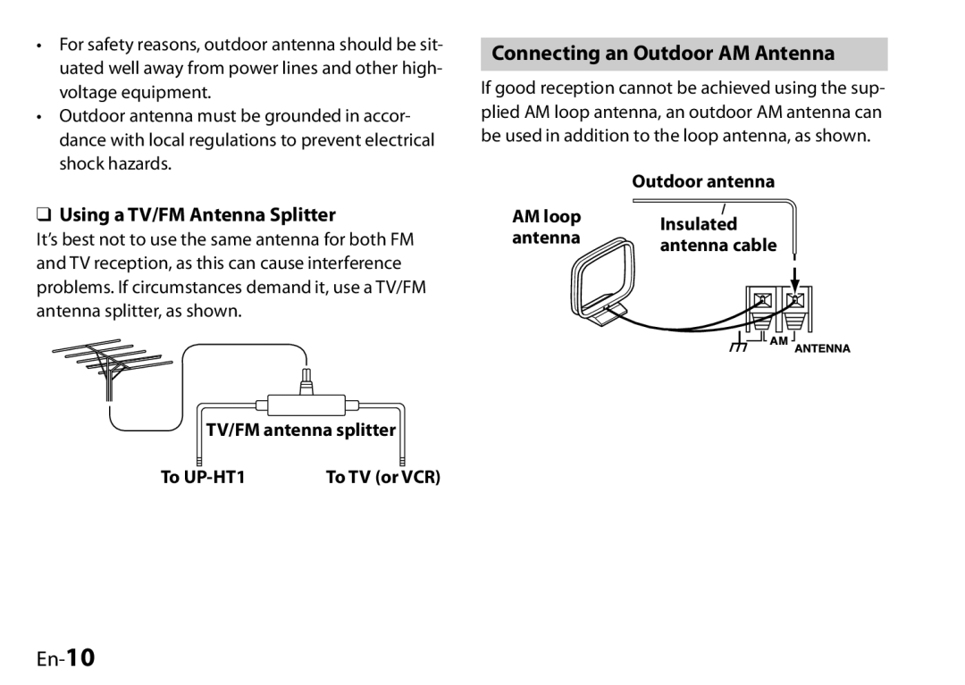 Onkyo I0905-1 Connecting an Outdoor AM Antenna, En-10, Using a TV/FM Antenna Splitter, TV/FM antenna splitter To UP-HT1 