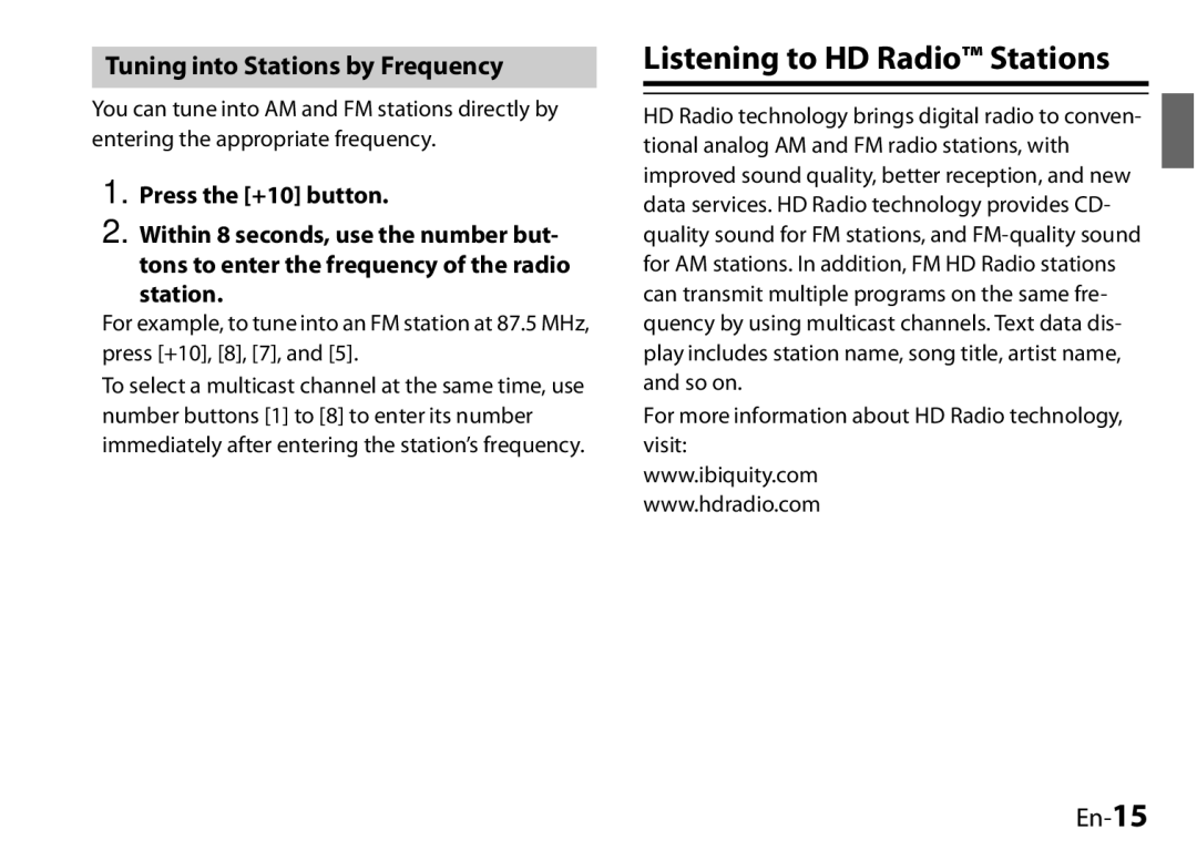 Onkyo UP-HT1, I0905-1 Listening to HD Radio Stations, Tuning into Stations by Frequency, En-15, Press the +10 button 