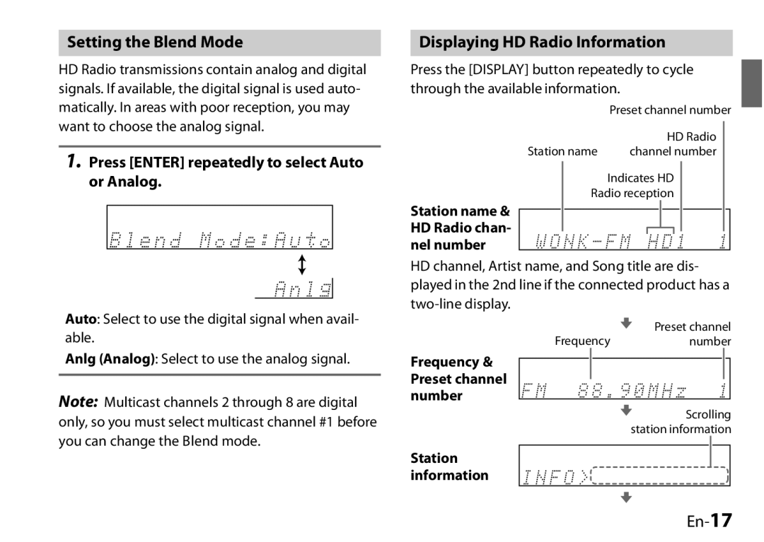 Onkyo 29400046, UP-HT1, I0905-1 Setting the Blend Mode, Displaying HD Radio Information, En-17, Station information 