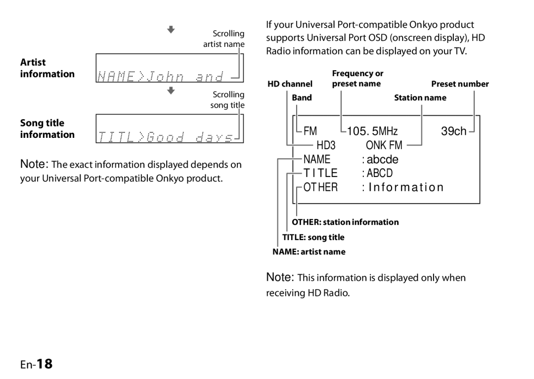 Onkyo UP-HT1, I0905-1, 29400046 instruction manual En-18, Artist information, Song title information 