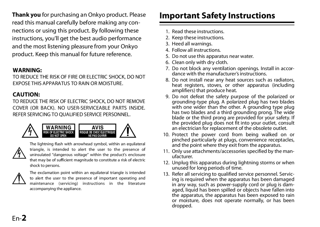 Onkyo 29400046, UP-HT1, I0905-1 instruction manual Important Safety Instructions, En-2 