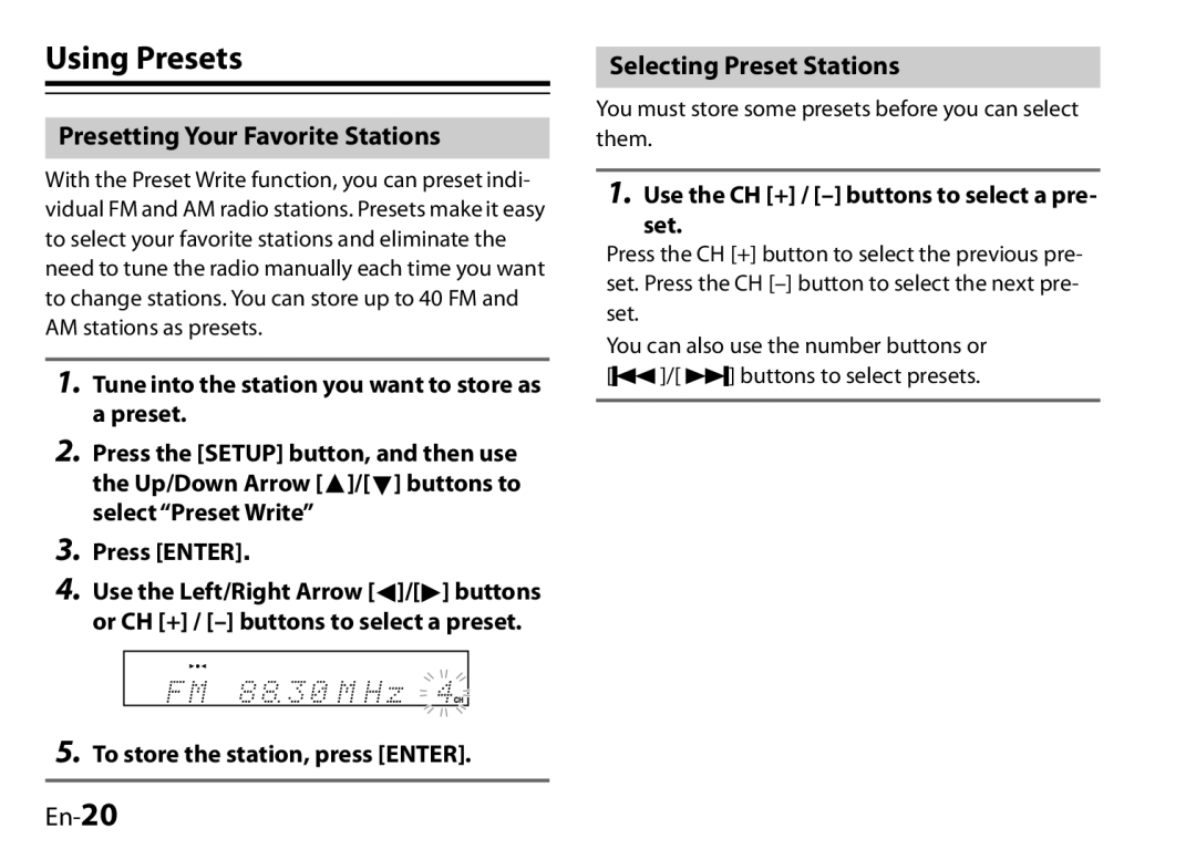 Onkyo 29400046, UP-HT1, I0905-1 Using Presets, Presetting Your Favorite Stations, En-20, Selecting Preset Stations 