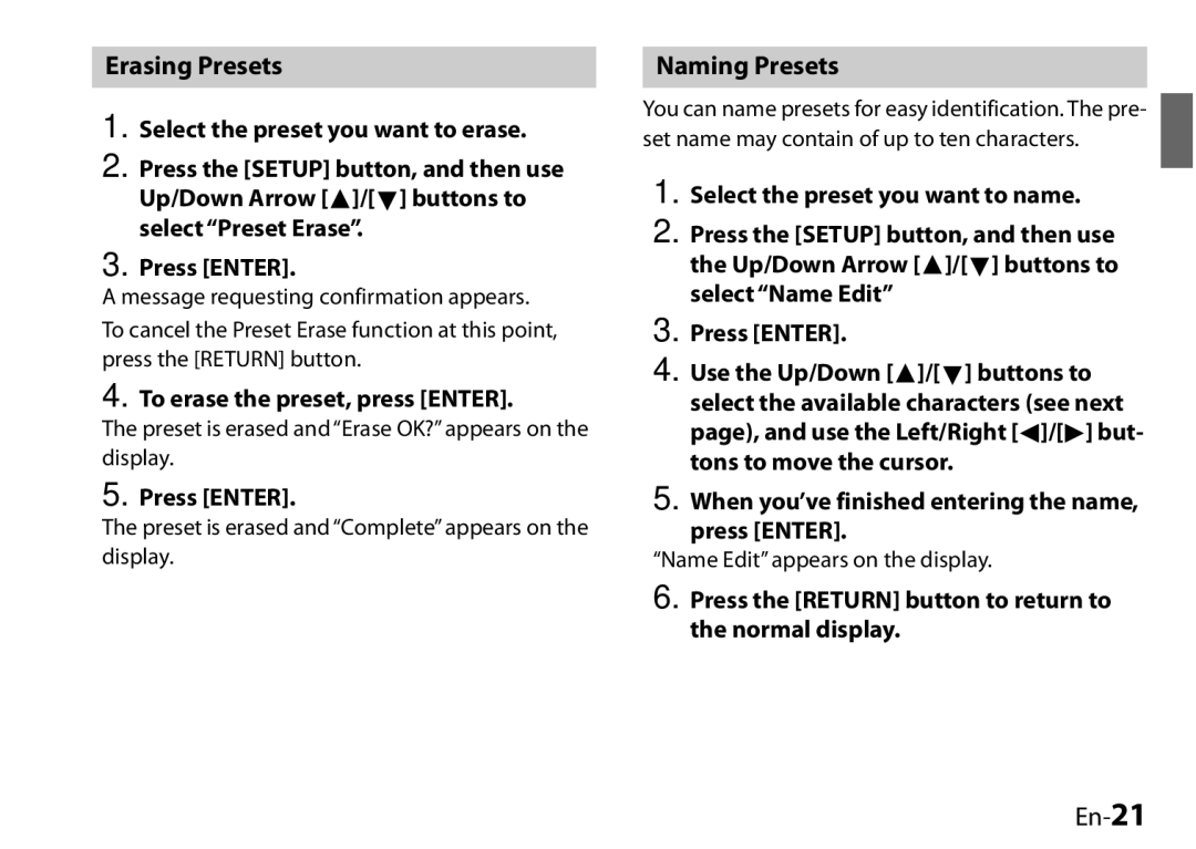 Onkyo UP-HT1, I0905-1, 29400046 instruction manual Erasing Presets, Naming Presets, En-21, To erase the preset, press Enter 