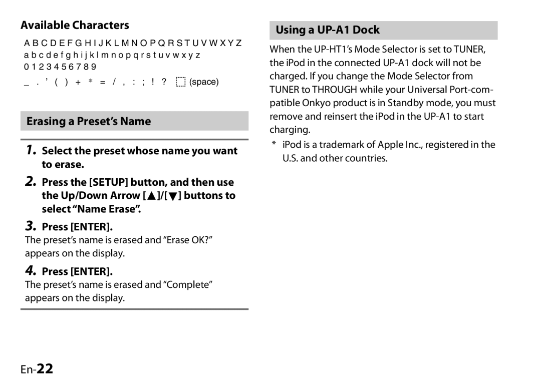 Onkyo I0905-1, UP-HT1, 29400046 instruction manual Available Characters, Erasing a Preset’s Name, Using a UP-A1 Dock, En-22 