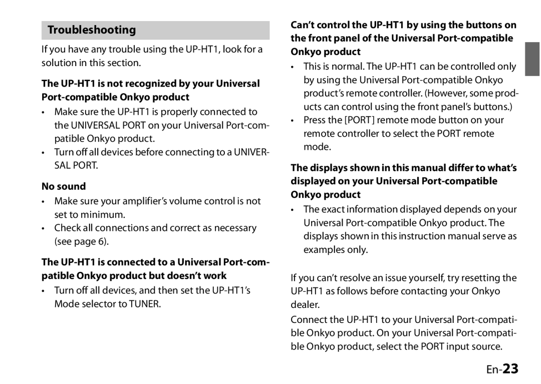 Onkyo 29400046, UP-HT1, I0905-1 instruction manual Troubleshooting, En-23, No sound 