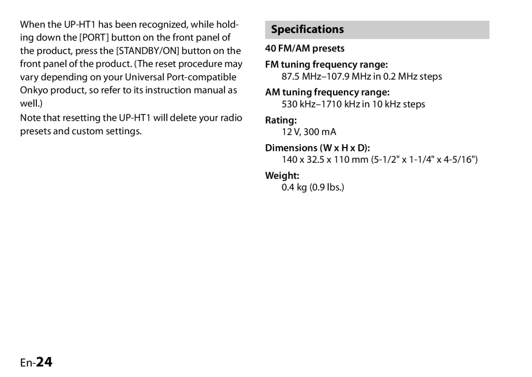 Onkyo UP-HT1, I0905-1, 29400046 instruction manual Specifications, En-24 