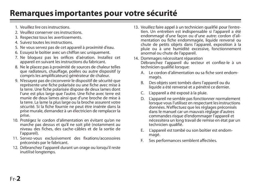 Onkyo 29400046, UP-HT1, I0905-1 instruction manual Remarques importantes pour votre sécurité, Fr-2 