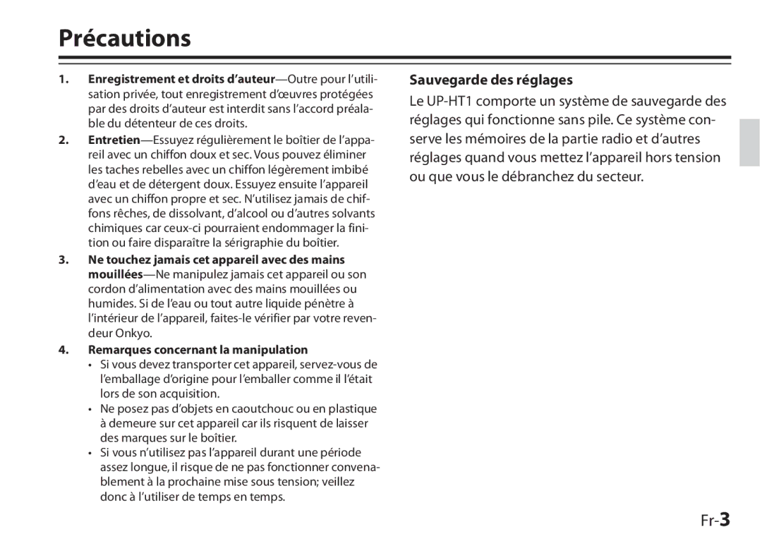 Onkyo UP-HT1, I0905-1, 29400046 instruction manual Fr-3, Sauvegarde des réglages 