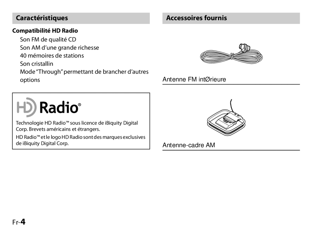 Onkyo I0905-1, UP-HT1, 29400046 instruction manual Caractéristiques, Accessoires fournis, Fr-4, Compatibilité HD Radio 