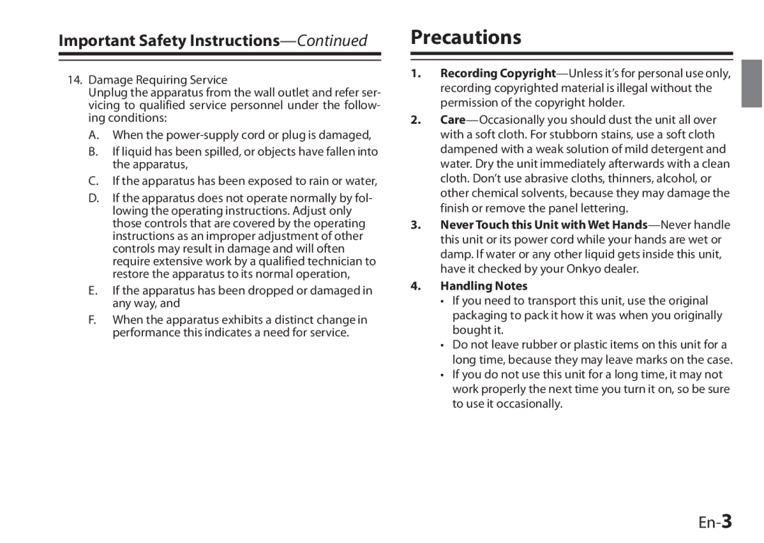 Onkyo UP-HT1, I0905-1, 29400046 instruction manual Precautions, Important Safety Instructions, En-3 