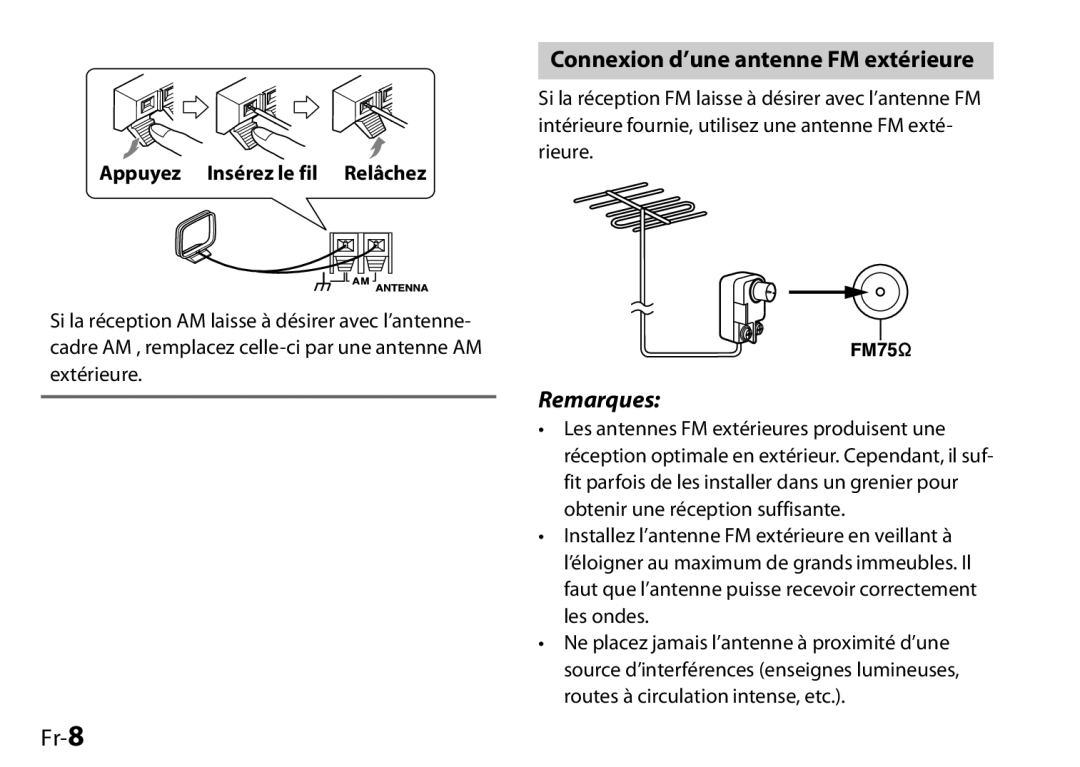 Onkyo 29400046, UP-HT1, I0905-1 Connexion d’une antenne FM extérieure, Fr-8, Appuyez Insérez le fil Relâchez 