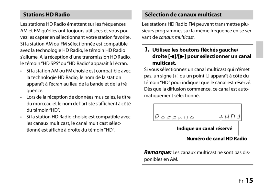 Onkyo UP-HT1, I0905-1, 29400046 instruction manual Stations HD Radio, Sélection de canaux multicast, Fr-15, Multicast 