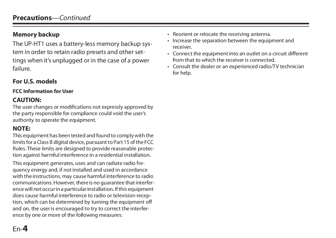 Onkyo I0905-1, UP-HT1, 29400046 instruction manual Precautions, En-4, Memory backup, For U.S. models 