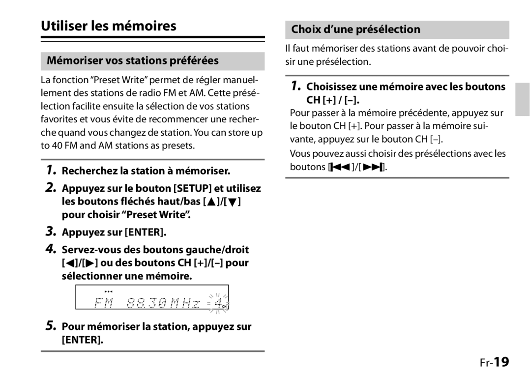 Onkyo I0905-1, UP-HT1 Utiliser les mémoires, Mémoriser vos stations préférées, Choix d’une présélection, Fr-19, Ch + 