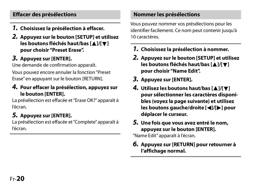 Onkyo 29400046, UP-HT1, I0905-1 instruction manual Effacer des présélections, Nommer les présélections, Fr-20 