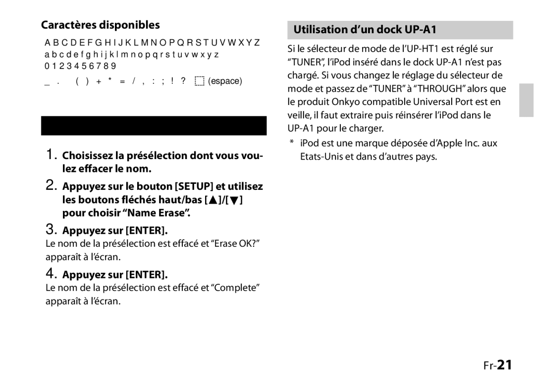 Onkyo UP-HT1, I0905-1 Caractères disponibles, Effacer le nom d’une présélection, Utilisation d’un dock UP-A1, Fr-21 