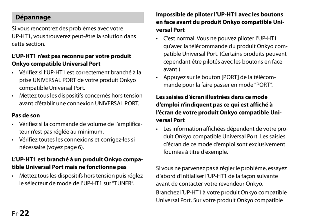 Onkyo I0905-1, UP-HT1, 29400046 instruction manual Dépannage, Fr-22, Pas de son 