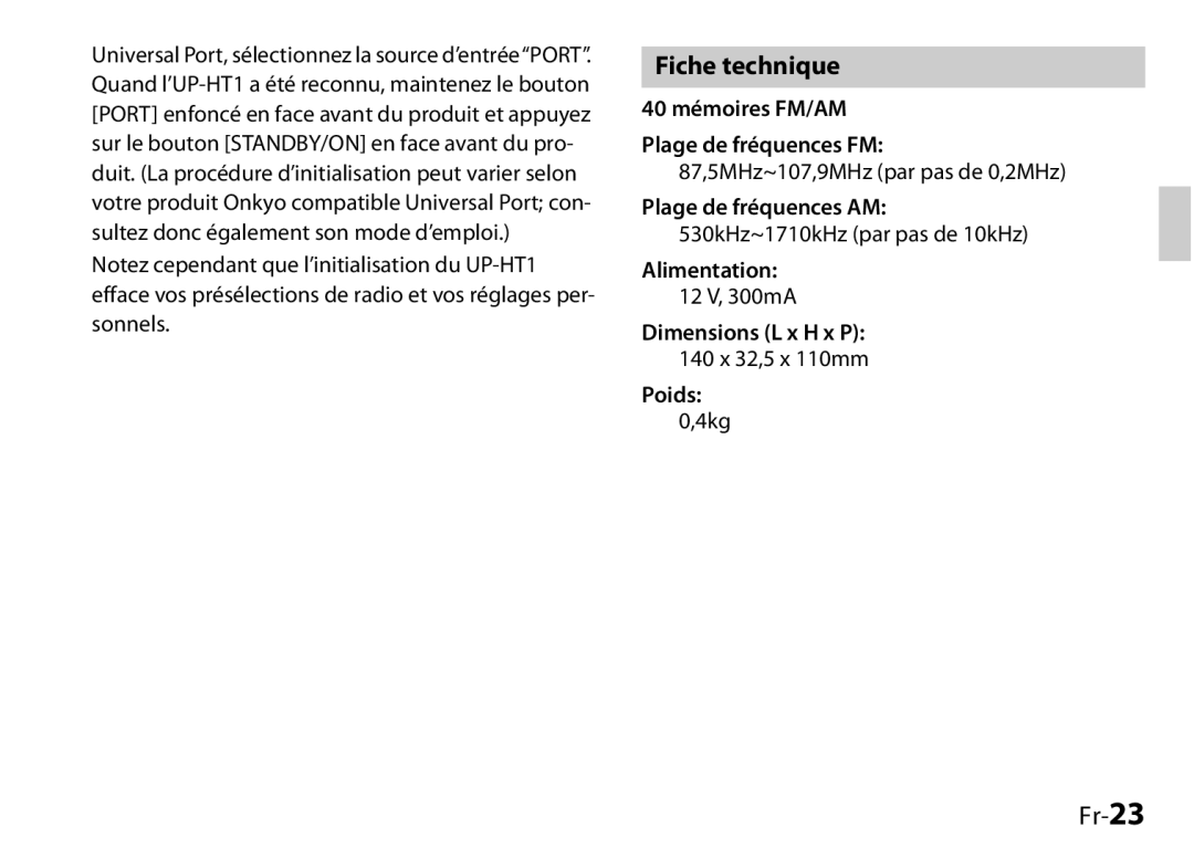 Onkyo 29400046, UP-HT1, I0905-1 instruction manual Fiche technique, Fr-23 