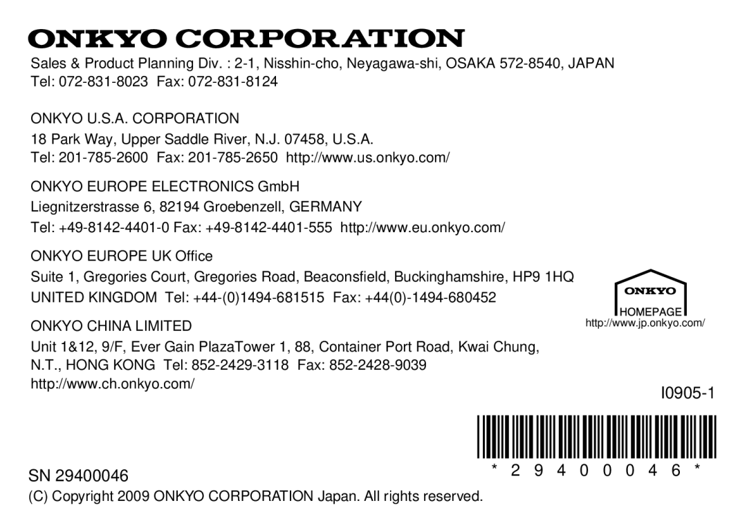 Onkyo UP-HT1, I0905-1, 29400046 instruction manual Fr-24, Onkyo U.S.A. Corporation 