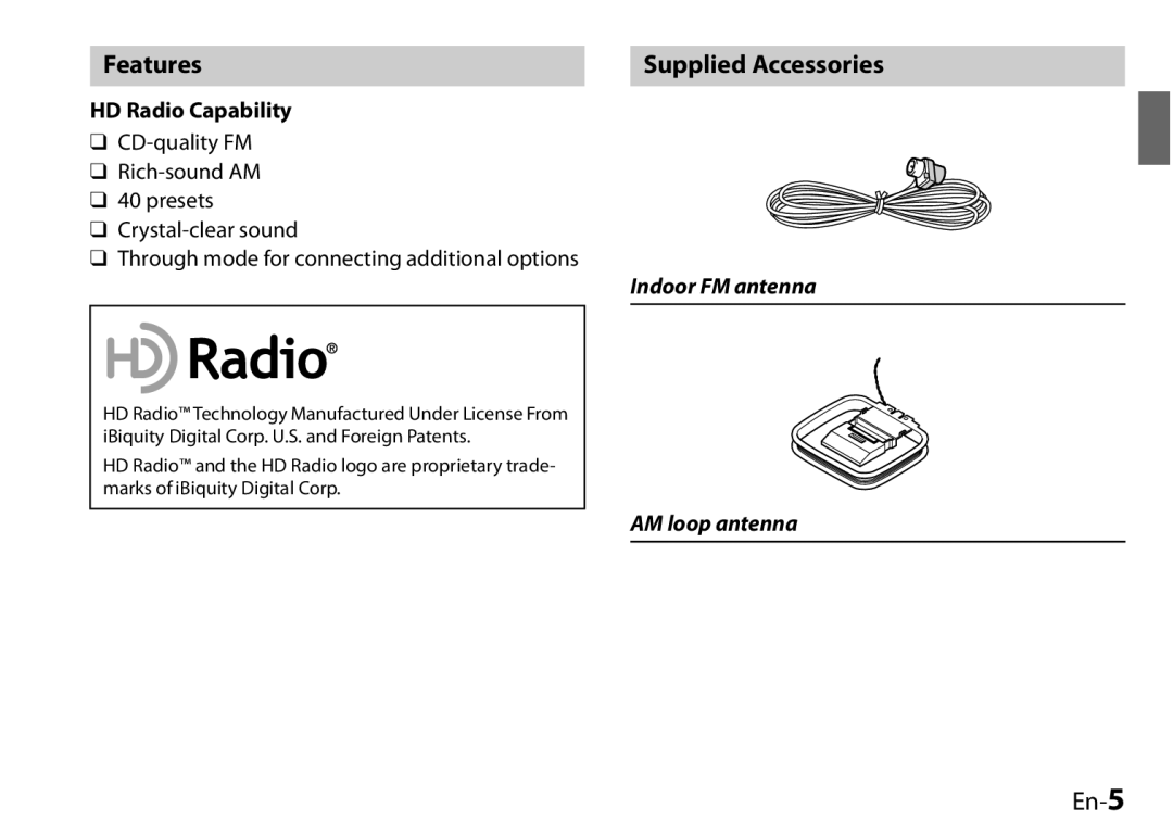 Onkyo 29400046, UP-HT1, I0905-1 instruction manual Features Supplied Accessories, En-5, HD Radio Capability 