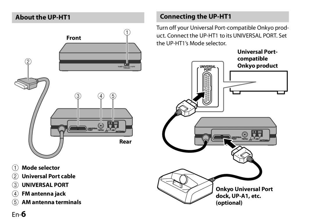 Onkyo I0905-1, 29400046 About the UP-HT1, Connecting the UP-HT1, En-6, Front Rear Mode selector Universal Port cable 