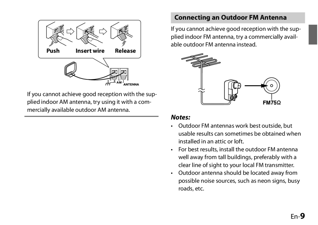 Onkyo UP-HT1, I0905-1, 29400046 instruction manual Connecting an Outdoor FM Antenna, En-9, Push Insert wire 