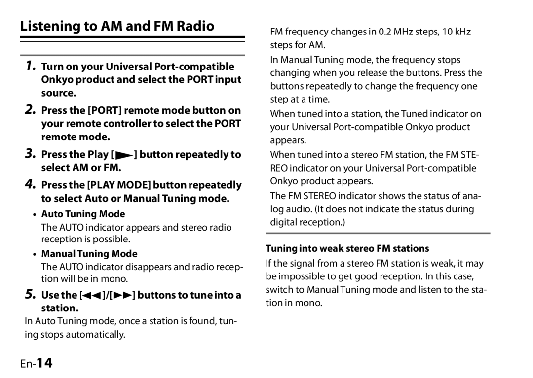 Onkyo 29400046, UP-HT1, I0905-1 instruction manual Listening to AM and FM Radio, En-14, Press the Play, select AM or FM 