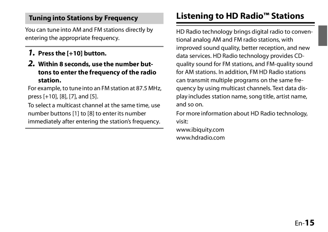 Onkyo UP-HT1 Listening to HD Radio Stations, Tuning into Stations by Frequency, En-15, Press the +10 button, station 
