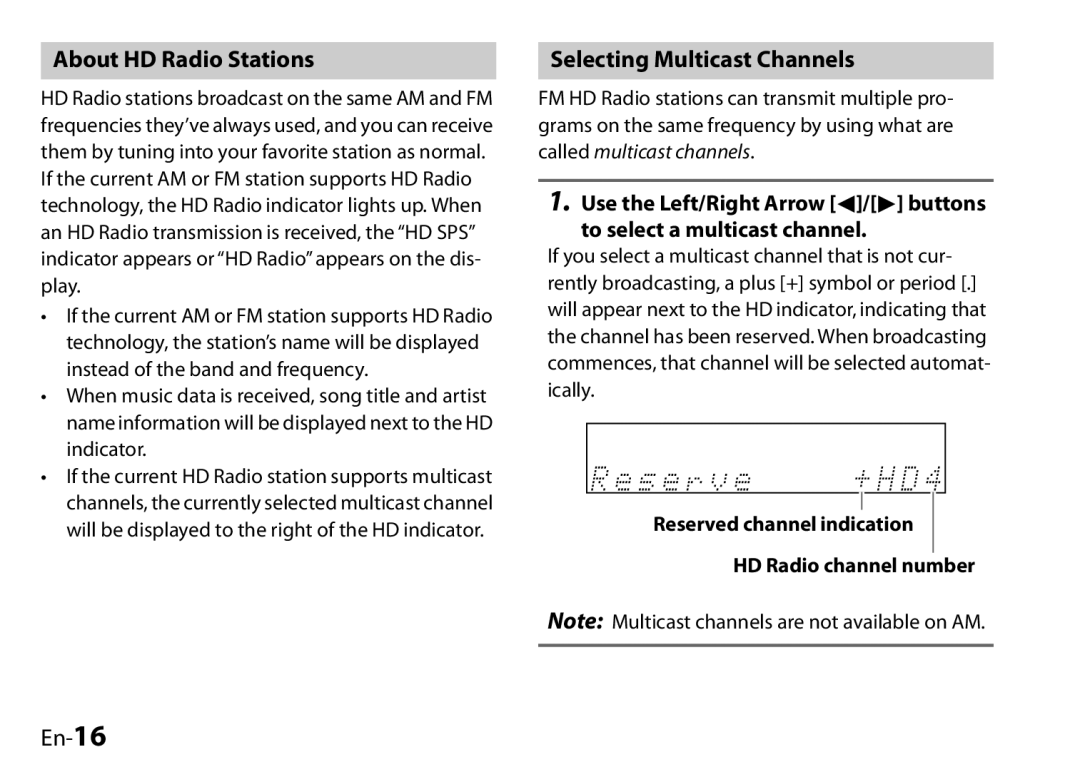 Onkyo I0905-1, UP-HT1 About HD Radio Stations, Selecting Multicast Channels, En-16, Use the Left/Right Arrow / buttons 
