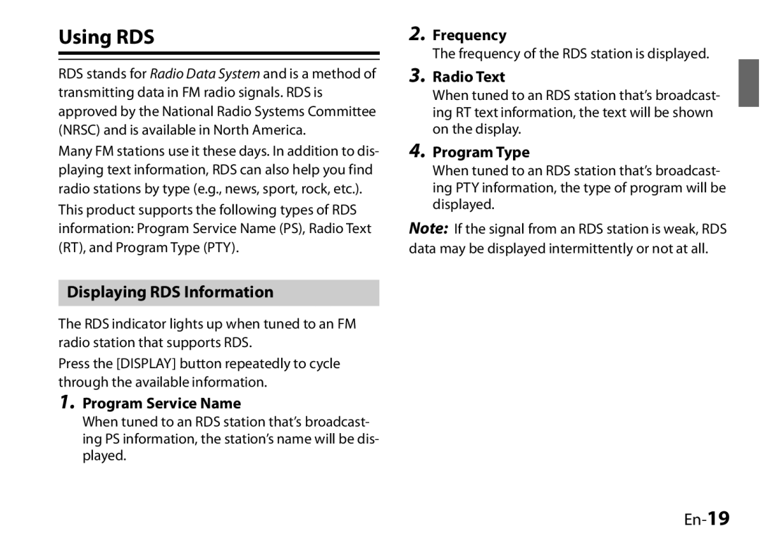 Onkyo I0905-1 Using RDS, Displaying RDS Information, En-19, Program Service Name, Frequency, Radio Text, Program Type 