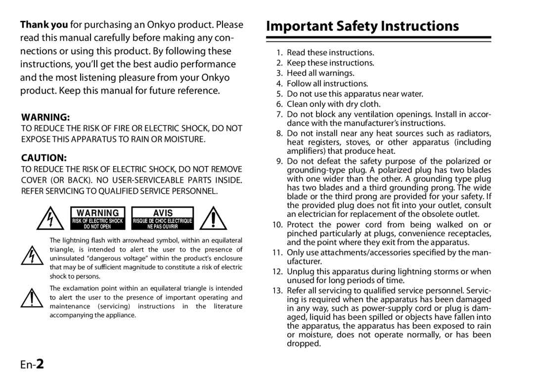 Onkyo 29400046, UP-HT1, I0905-1 instruction manual Important Safety Instructions, En-2, Avis 