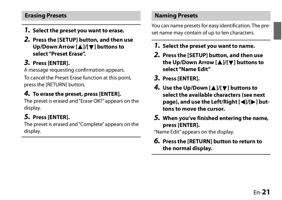 Onkyo UP-HT1 Erasing Presets, Naming Presets, En-21, Select the preset you want to erase, To erase the preset, press ENTER 
