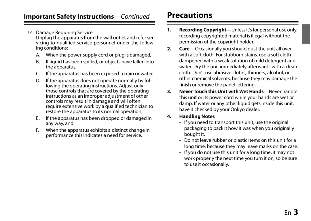 Onkyo UP-HT1, I0905-1, 29400046 instruction manual Precautions, Important Safety Instructions-Continued, En-3, Handling Notes 