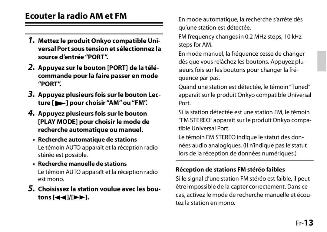 Onkyo I0905-1 Ecouter la radio AM et FM, Fr-13, Appuyez plusieurs fois sur le bouton Lec, ture pour choisir “AM” ou “FM” 