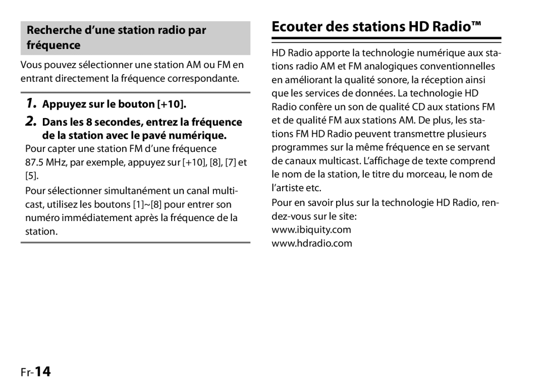 Onkyo 29400046, UP-HT1, I0905-1 Ecouter des stations HD Radio, Recherche d’une station radio par fréquence, Fr-14 