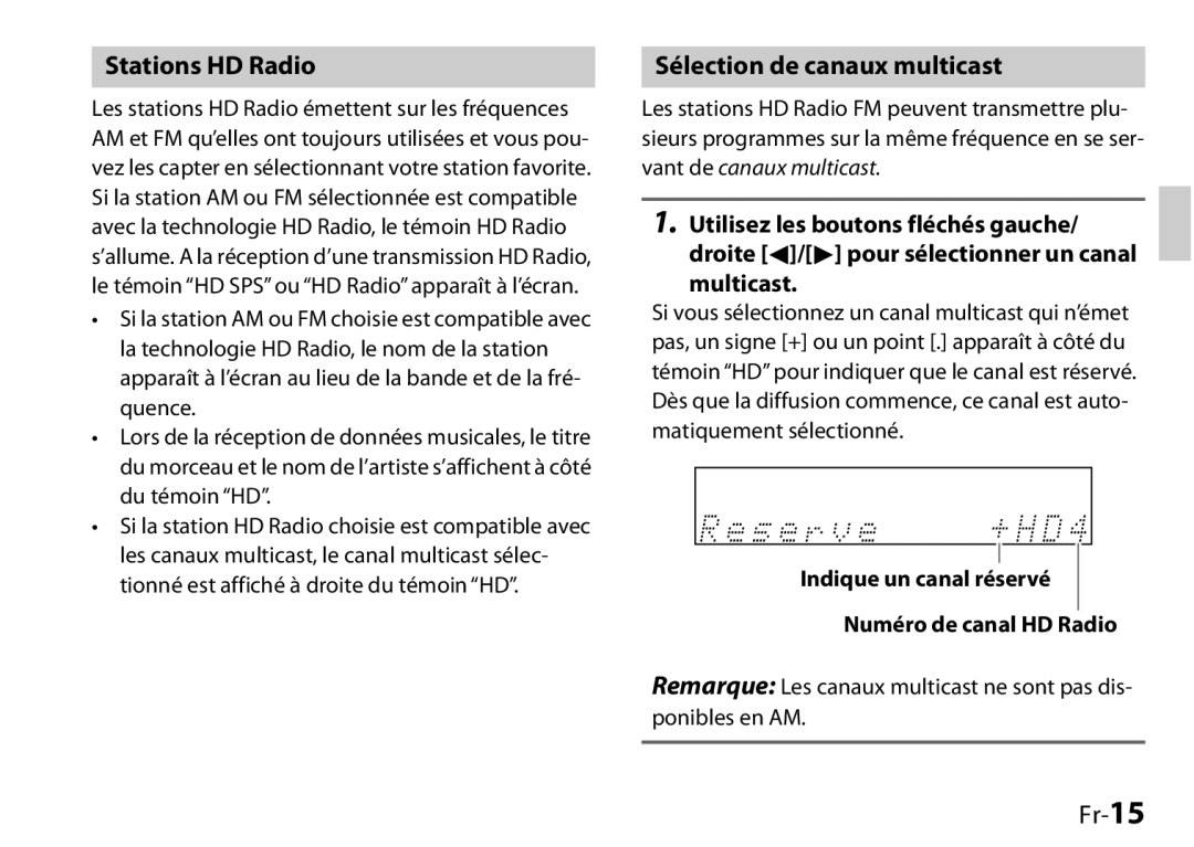 Onkyo UP-HT1, I0905-1, 29400046 instruction manual Stations HD Radio, Sélection de canaux multicast, Fr-15 