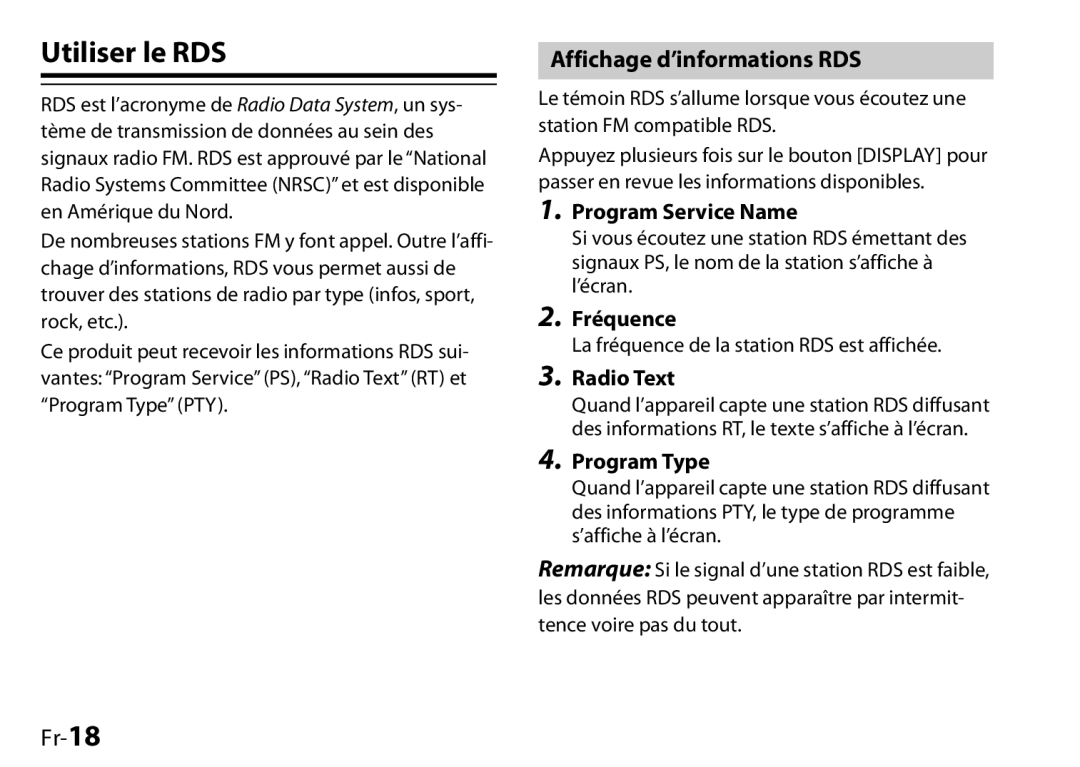 Onkyo UP-HT1, I0905-1 Utiliser le RDS, Affichage d’informations RDS, Fr-18, 2.Fréquence, Program Service Name, Radio Text 