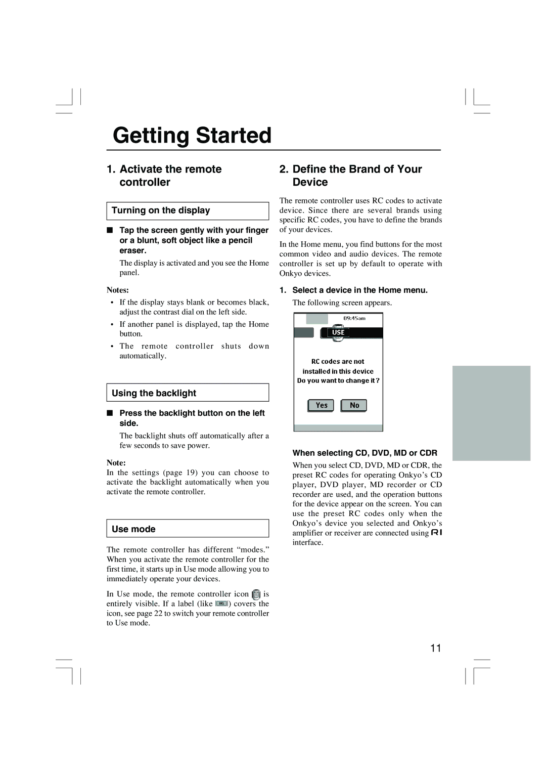 Onkyo USR-5RF instruction manual Getting Started, Activate the remote controller, Define the Brand of Your Device 