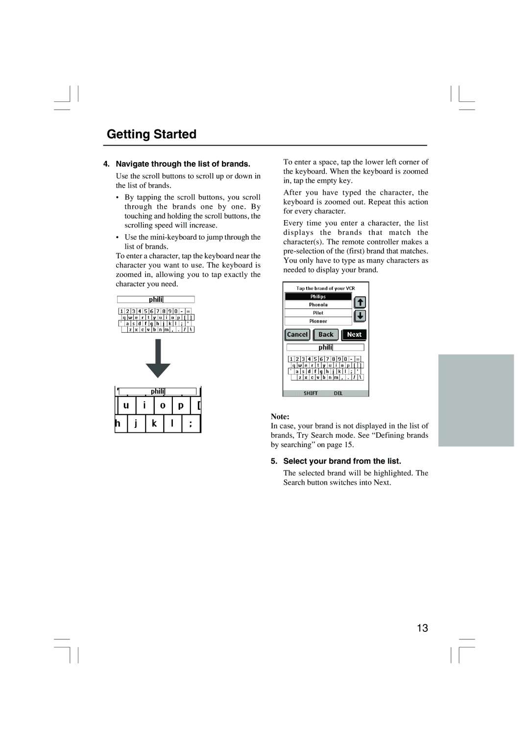 Onkyo USR-5RF instruction manual Navigate through the list of brands, Select your brand from the list 