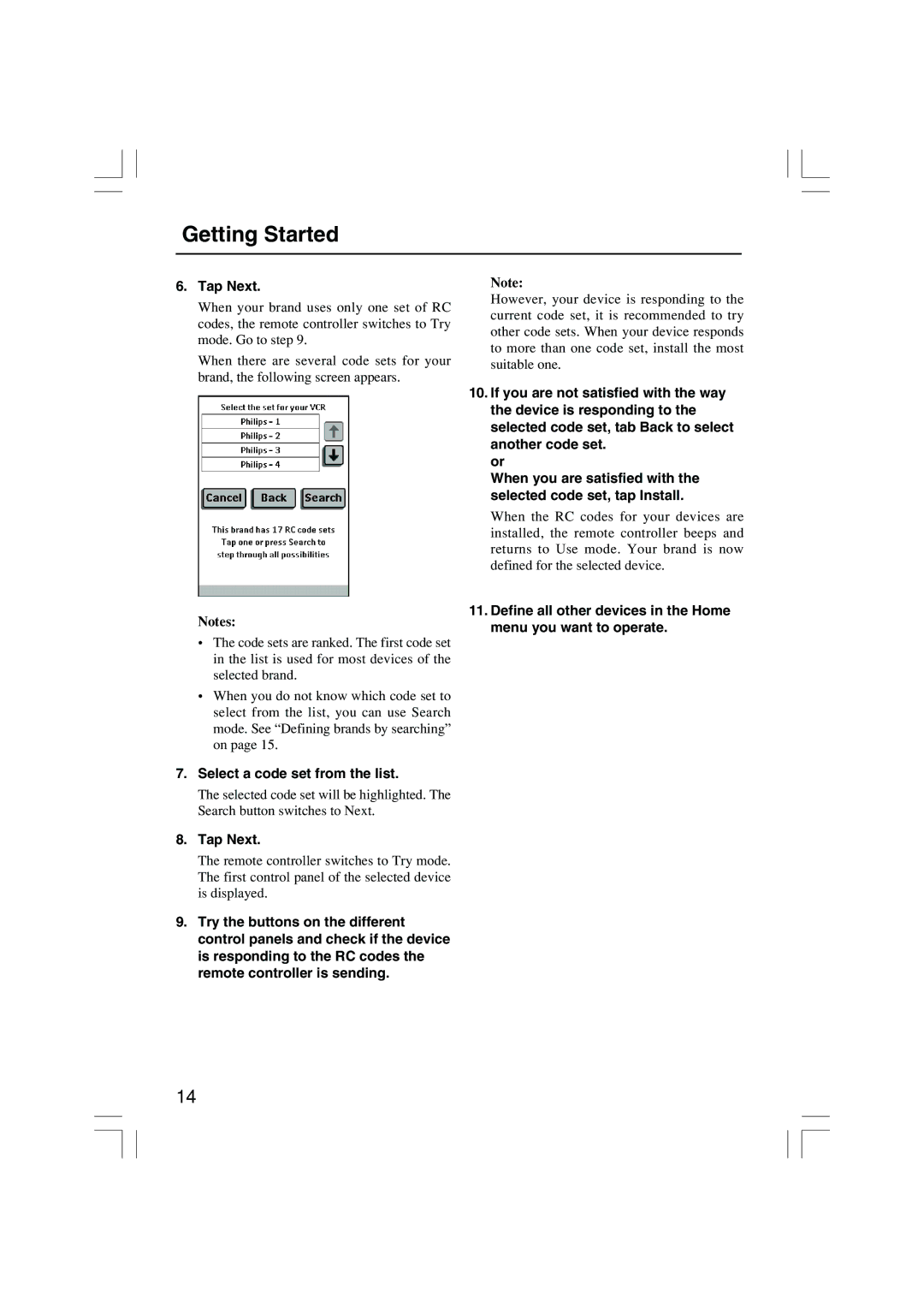 Onkyo USR-5RF instruction manual Select a code set from the list 