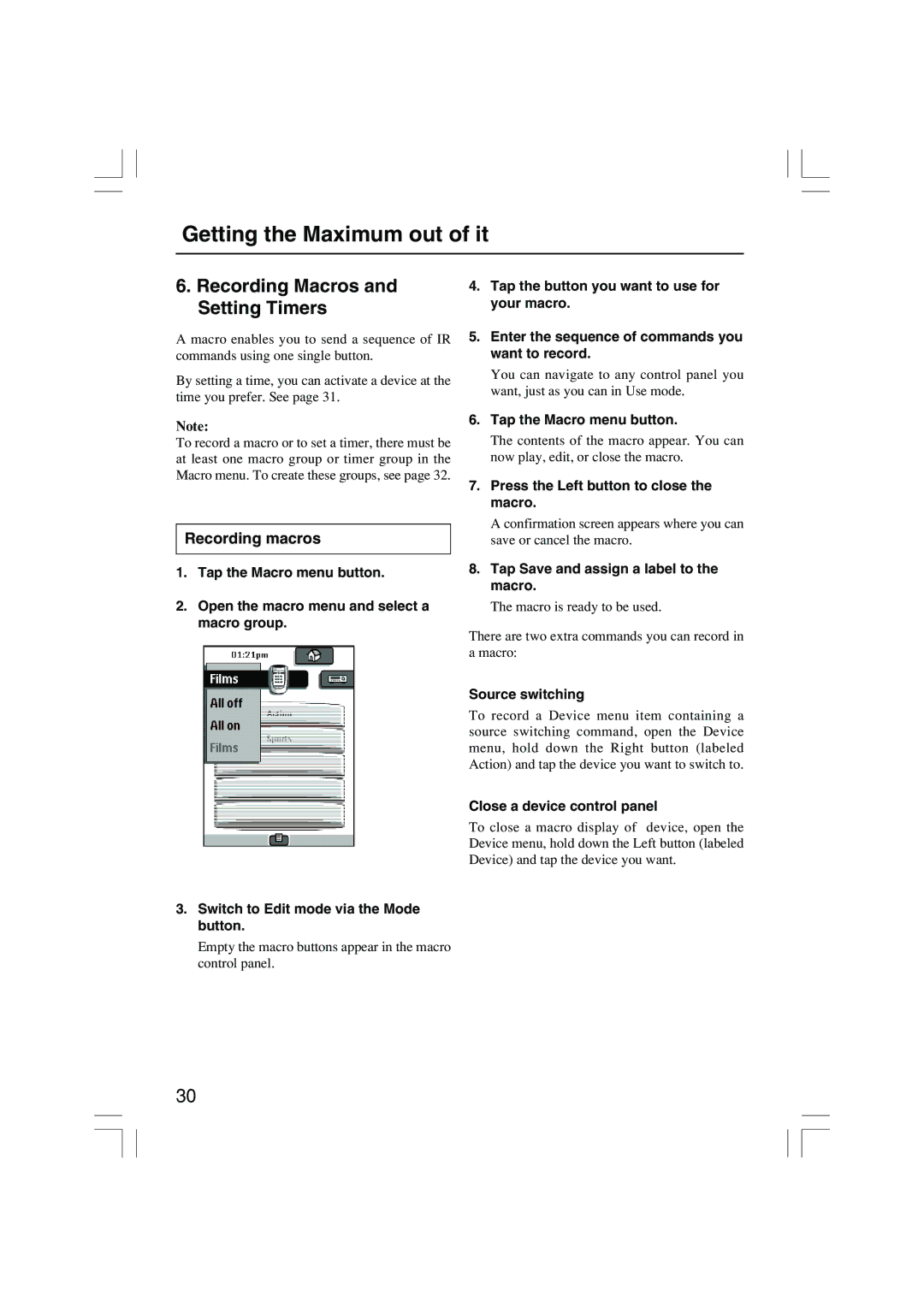 Onkyo USR-5RF instruction manual Recording Macros and Setting Timers, Recording macros 