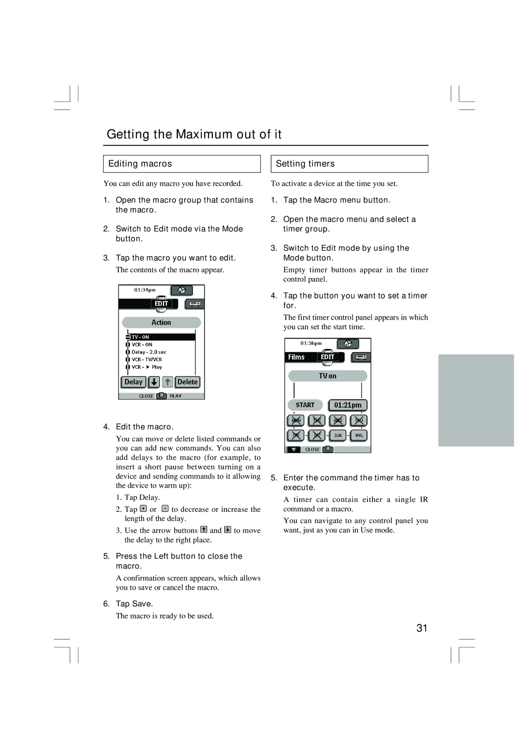 Onkyo USR-5RF instruction manual Editing macros, Setting timers 