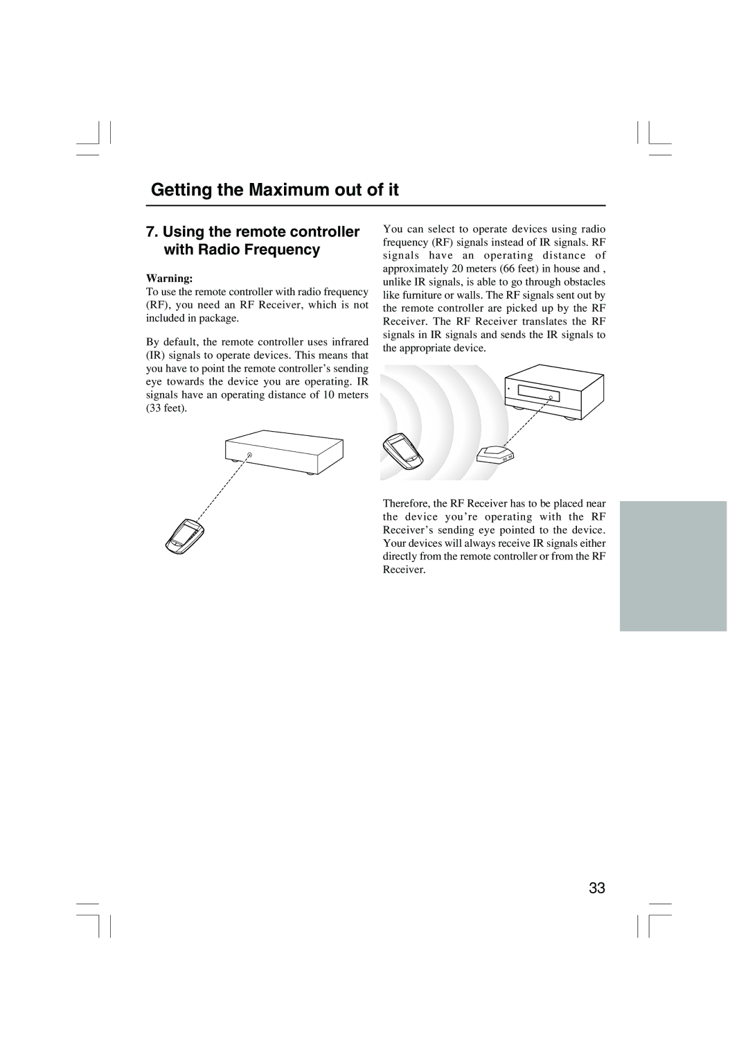 Onkyo USR-5RF instruction manual Using the remote controller with Radio Frequency 