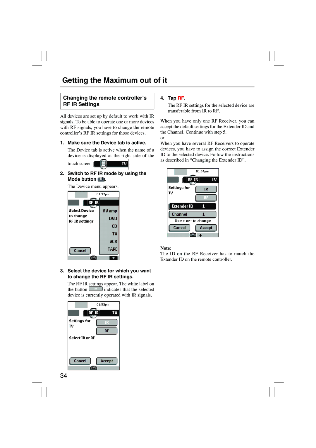 Onkyo USR-5RF Changing the remote controller’s RF IR Settings, Switch to RF IR mode by using Mode button, Tap RF 