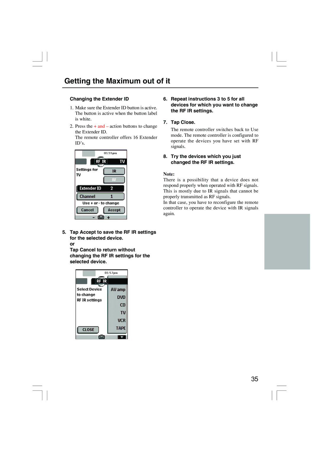 Onkyo USR-5RF instruction manual Changing the Extender ID, Try the devices which you just changed the RF IR settings 