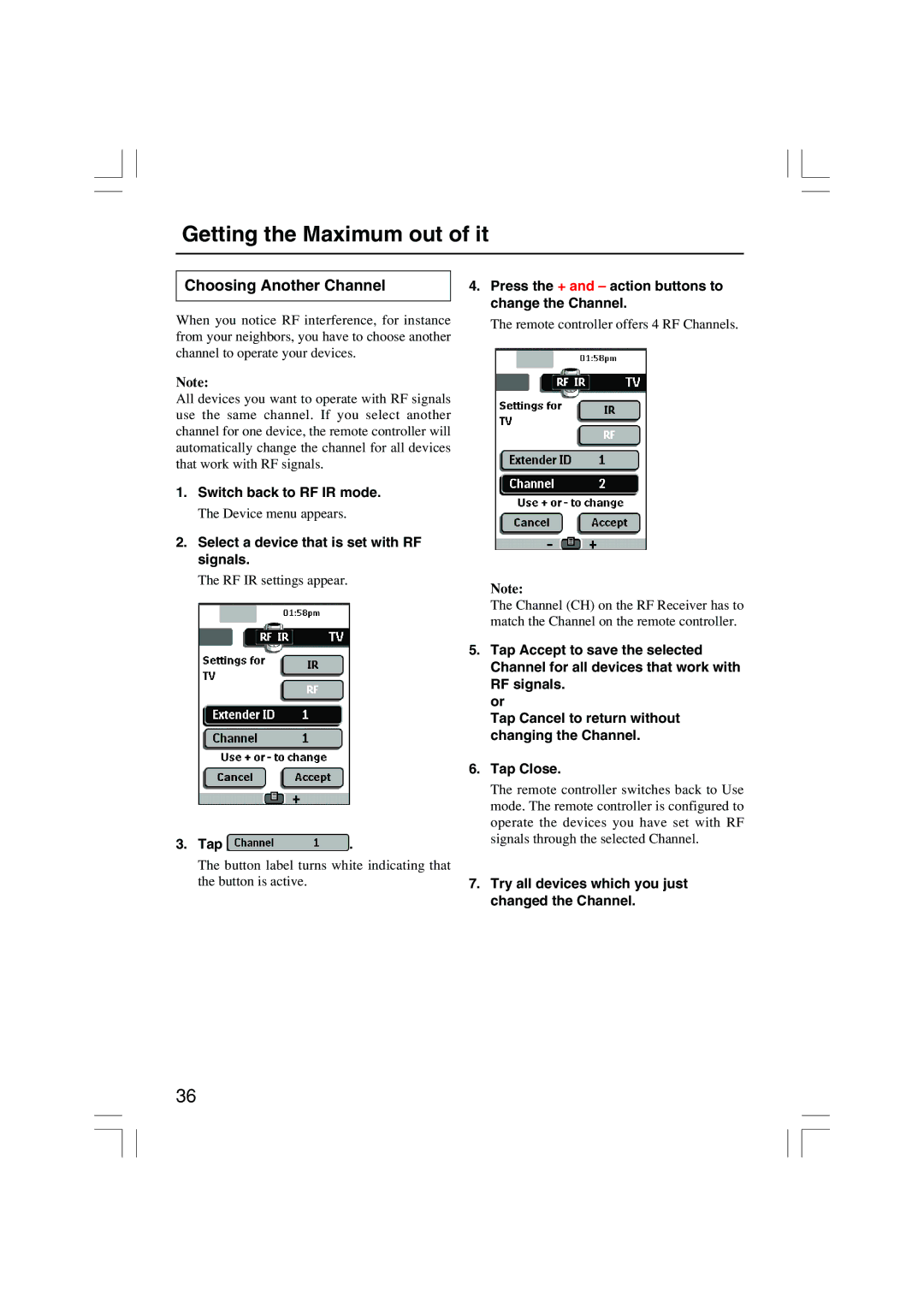 Onkyo USR-5RF Choosing Another Channel, Switch back to RF IR mode, Select a device that is set with RF signals 